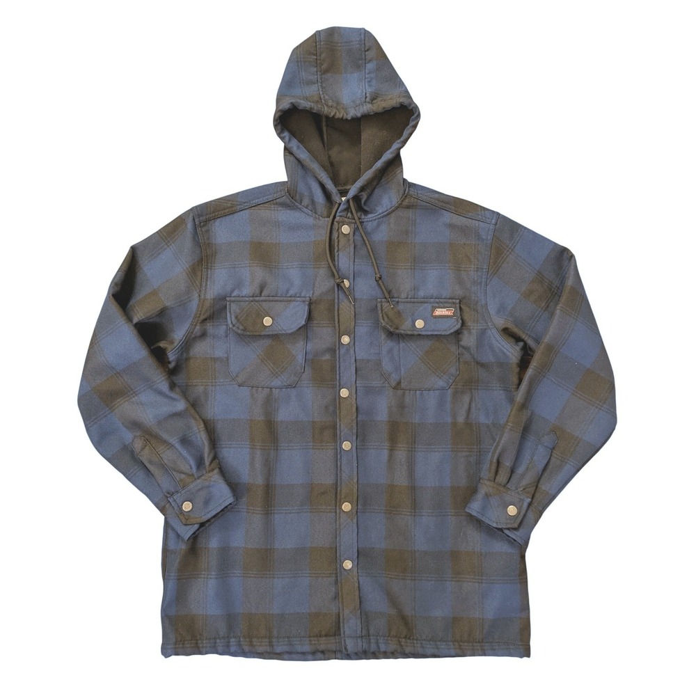 Dickies Mens Blue Black Plaid Fleece Lined Hooded Flannel Jacket Large Workwear